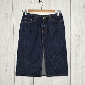 Vintage 90s Y2K Paris Blues Denim Midi Skirt Front Slit Dark Wash, Sz 1 (26")